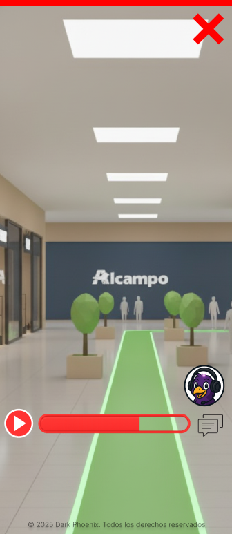 vista en primera persona de la aplicación MallPath mostrando la ruta guiada