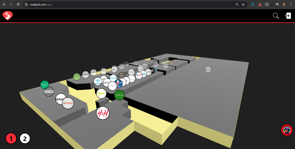 Vista 3D de la aplicación MallPath funcionando en OVH