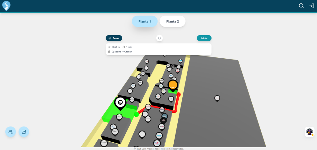 Visualización de rutas dentro del mapa interactivo de MallPath