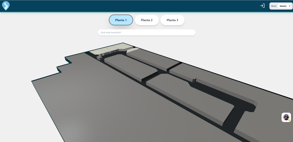Primera planta del centro comercial renderizada con el motor gráfico en WebGL